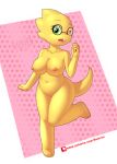 1_girl 1girl 2d 2d_(artwork) 3_toes 4_fingers absurd_res alphys alphys_(undertale) anthro anthro_only artist_name breasts buckteeth chubby chubby_anthro chubby_female digital_media_(artwork) eyewear female female_only full_body glasses glasses_only green_eyes high_res lizard lizard_girl looking_at_viewer monster monster_girl nipples non-mammal_breasts non-mammal_nipples nude nude_female one_eye_closed patreon_username pixiv pixiv_id_36959798 rainven reptile reptile_girl scalie simple_background solo solo_female tail teeth third-party_source undertale undertale_(series) video_game_character video_games yellow_body yellow_skin