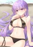  1girl 1girl 1girl 2020 absurd_res absurdly_long_hair alluring beach big_breasts big_breasts bikini black_bikini breasts cleavage collarbone commission dated eyebrows_visible_through_hair fire_emblem fire_emblem:_the_binding_blade fujiwara_minaho hand_on_own_face high_res long_hair navel nintendo ocean purple_eyes purple_hair sand second-party_source shore sitting smile sophia_(fire_emblem) swimsuit thigh_strap under_boob very_long_hair water 