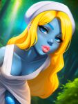 ai_generated blonde_hair blue_eyes blue_skin female_focus forest futanari hat long_hair looking_at_viewer smurfette stable_diffusion the_smurfs