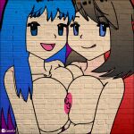  2_girls brick_wall dawn_(pokemon) may_(pokemon) pokemon sassypauline small_breasts 