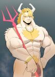 &gt;:( 1boy 2d 2d_(artwork) accessory anthro anthro_only asgore_dreemurr balls bara blonde_hair bracelet dad_bod digital_media_(artwork) ear_piercing facial_hair furry furry_male furry_only genitals goat goat_horns gradient_background hairy horns male male_anthro male_only mammal muscle muscular muscular_anthro muscular_male necklace nude nude_anthro nude_male overweight overweight_male penis pkylblu solo solo_anthro solo_male trident undertale undertale_(series) veiny_penis video_game_character video_game_franchise video_games weapon white_fur yellow_eyes young_adult