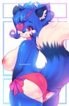  1girl 2018 anthro ass big_ass big_breasts biped blue_fur blue_hair breasts canid canine clothed clothing eye_patch eyewear fox fur furry hair heterochromia high_res kuromokonachan lazuli_(doggod.va) looking_at_viewer looking_back mammal multicolored_tail nipples panties partially_clothed purple_eyes signature smile thick_thighs topless two_tone_eyes underwear white_fur yellow_eyes 