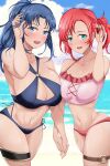  1girl 2_girls adjusting_hair alluring alternate_breast_size alternate_costume ass asymmetrical_docking bare_midriff bare_shoulders bare_thighs beach big_breasts big_breasts bikini blue_bikini blue_eyes blue_hair blush breast_press breasts cleavage collarbone female_only fire_emblem fire_emblem:_new_mystery_of_the_emblem fire_emblem:_shadow_dragon fire_emblem_heroes green_eyes holding_hands kris_(fire_emblem) looking_at_viewer medium_breasts medium_hair midriff multiple_girls nintendo norne_(fire_emblem) norne_(summer)_(fire_emblem) o-ring o-ring_bikini ocean official_alternate_costume open_mouth outside pink_bikini pink_swimsuit ponytail red_bikini red_hair red_swimsuit short_hair smile swimsuit thick_thighs thighs toshimasa water wide_hips yuri 