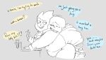 1boy 1boy1girl 1girl 1girl1boy 2017 alphys alphys_(undertale) animated_skeleton anthro breast_grab clothed duo english_text female_anthro from_behind grabbing_breasts grabbing_from_behind hetero holding_object holding_pencil hoodie hugged_from_behind hugging hugging_from_behind implied_erect_penis implied_erection lab_coat labcoat lameandashamed lizard lizard_girl male male/female monochrome monster pencil reptile reptile_girl salphys sans sans_(undertale) sansphys scalie skeleton straight test_tube text undead undertale undertale_(series)
