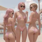  3_girls beach bikini_bottom bikini_top pink_bikini pink_hair sexy sexy_ass sunglasses 