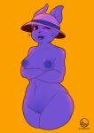 1girl 2019 anthro anthro_only arms_crossed arms_under_breasts artist_logo breasts bunny crossed_arms female_anthro female_only hat hat_only lagomorph mature mature_female milf monster monster_girl naked_female nipples nonesaint nude nude_female one_eye_closed orange_background purple_fur rabbit rabbit_shopkeeper rabbit_shopkeeper_(undertale) simple_background snowdin_shopkeeper solid_color_background solo solo_female undertale undertale_(series) wide_hips wink