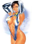  1girl :o alluring armpit armpits arms_behind_head arms_up ass big_breasts black_hair breasts brown_eyes brown_hair bun_cover bun_hairstyle capcom chun-li cleavage cloud curvy double_bun double_buns elbow_gloves erect_nipples female_abs female_only gloves grey_eyes homare_(fool&#039;s_art) lipstick looking_at_viewer nipples ocean one-piece_swimsuit open_mouth outside pose ribbon shiny shiny_clothes sideboob sky sling_bikini solo standing street_fighter sweat swimsuit tan turtleneck water wet 