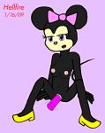  black_fur blush bow breasts dildo disney female gloves hellfire hellfire_(artist) minnie_mouse mouse nipples nude pink_eyes pussy rodent round_ears shoes sitting tail 