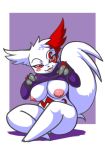 1girl :p barefoot big_breasts bittenhard blush bottomless breasts covering expose furry large_breasts pokemon red_eyes simple_background smile tongue tongue_out zangoose