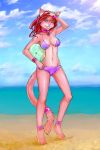 2009 anklet beach beach_ball belly bikini blue_eyes bracelet breasts cameltoe cat collar feline female fudchan hair jewelry kitty_of_flame long_hair long_red_hair midriff navel one_eye_closed outdoor outside pink red_hair seaside skimpy solo swimsuit tail