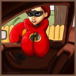  1girl 1girl big_breasts breasts car clothed clothing down_blouse elastigirl female_only fully_clothed hanging_breasts happy helen_parr huge_breasts looking_at_viewer naughty_face seductive_smile the_incredibles vylfgor 