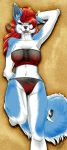 blue_fur bracelet breasts cameltoe canine female furry nipples_visible_through_clothing on_back original red_hair rose_(rosewolfthorne) skimpy solo tinintri_(artist) two_tone_fur white_fur wolf