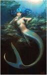  2008 blue_hair copyright_request jana_schirmer janaschi jewelry mermaid monster_girl realistic scales solo underwater water 