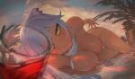  1girl 1girl 1girl animal_ears armpits bangs bed between_legs big_breasts blurry blurry_foreground blush botan_ch. breasts closed_mouth cloud cloudy_sky completely_nude cup dark-skinned_female dark_skin day depth_of_field drinking_glass eyebrows_visible_through_hair grey_hair high_resolution hololive kanchigai lion_ears lion_girl lion_tail long_hair looking_at_viewer nipples nude on_bed outside shallow_water shishiro_botan sky smile tail tail_between_legs thigh_gap virtual_youtuber water yellow_eyes 