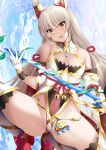 1girl alluring animal_ears bare_shoulders breasts catalyst_scimitar daive detached_sleeves gloves gluteal_fold grey_hair head_tilt high_res highleg highleg_leotard leotard long_hair looking_at_viewer low_twintails nia nia_(blade)_(xenoblade) nia_(xenoblade) nintendo red_footwear small_breasts squatting stockings sword twin_tails weapon white_gloves xenoblade_(series) xenoblade_chronicles_2 yellow_eyes
