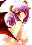  1girl arm back bare_back bare_shoulders bat_wings blush breast_hold breasts chikubaen cover_up covering covering_breasts demon_girl demon_wings female horns large_breasts lips looking_at_viewer looking_back nude nude_cover parted_lips pink_hair purple_hair red_eyes short_hair sideboob simple_background solo sparkle succubus topless white_background wings yukizuki_chikuba 