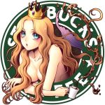  1girl aqua_eyes arm_rest blonde_hair breasts censor_hair censored circle coffee convenient_censoring crossed_arms crown cup floating_hair hair_over_breasts kayu long_hair looking_at_viewer mascots mermaid monster_girl nude product_placement simple_background solo starbucks starbucks_siren topless wavy_hair white_background 