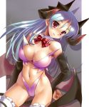 1girl bat_wings blue_hair bow bow_tie bowtie breasts cleavage demon_girl elbow_gloves gloves head_wings headwings highleg horns katahira_masashi long_hair midriff navel original original_character red_eyes solo stockings succubus tail thigh-highs thighhighs wings