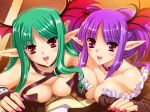  2girls all_fours artist_request blush breasts character_request cleavage demon_girl elf green_hair hair multiple_girls pointy_ears purple_eyes purple_hair red_eyes smile source_request succubus 