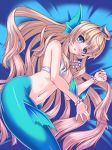  1girl bed_sheet bikini_top blonde_hair blue_eyes blush bracelet breasts cleavage cute from_above hair_spread_out head_fins headfins jewelry long_hair looking_at_viewer lying mermaid monster_girl navel necklace on_side parted_lips solo very_long_hair yukimura_tsubame yuukyuu_no_sharin 