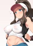 1girl blue_eyes brown_hair closed_mouth embarrassed erect_nipples_under_clothes excited female_only hilda_(pokemon) large_breasts no_bra pokemon pokemon_character puffy_areolae puffy_nipples smile tagme transparent_clothing 