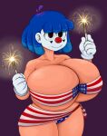 1girl 1girl american_flag american_flag_bikini big_breasts black_background blue_hair clothed clown clown_makeup clown_nose female_only fizzie_(vendant) huge_breasts looking_at_viewer mostly_nude smile solo_female sparkles thick_thighs thighs vendant white_gloves