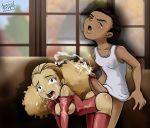 1boy 1girl ass black_hair brown_hair buttjob cum cumshot doggy_position ejaculation erect_nipples erect_penis erection famous-toons-facial green_eyes humanoid_penis jazmine_dubois living_room male/female no_panties open_mouth outside riley_freeman the_boondocks twin_braids younger_female younger_male