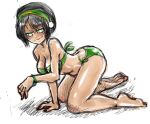  1girl avatar:_the_last_airbender big_breasts bikini breasts female female_only on_knees smile solo toph_bei_fong 