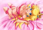 1girl arched_back armpit armpits bed big_breasts blonde_hair blue_eyes blush bow breasts bursting_breasts covering covering_breasts crown earring earrings erect_nipples feet female_only jewelry lipstick long_hair looking_at_viewer lying makeup naked_ribbon nintendo nude nude_cover on_back princess princess_peach ribbon sigurd_hosenfeld sigurdhosenfeld smile solo super_mario_bros. tied tied_up toe-point very_long_hair