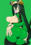  1girl areola ass big_breasts breasts breasts_outside clothed_female condom condom_in_mouth dat_ass exposed_breasts female_focus female_only hero_outfit_(mha) huge_ass long_hair looking_at_viewer looking_back my_hero_academia nipples no_bra slugbox solo_female solo_focus sweat tagme thick_thighs thighs tsuyu_asui 