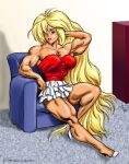  1girl beautiful_muscle_girl_tetsuko_(webcomic_series) big_breasts blonde_hair clothes couch dcmatthews green_eyes muscular_female tetsuko_breckenridge 