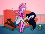 adventure_time bent_over black_eyes black_hair bmo boots bottomless bubble_butt canon_couple gloves grey_skin jewelry long_hair looking_back marceline monster over_the_knee pale_skin panties_around_legs panties_down pants_down pink_hair pink_skin ponytail princess_bubblegum red_ass robot shiny shiny_skin smile spank spanking tiara tongue vampire yuri