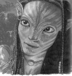 1_alien 1_female 1_girl alien avatar avatar_(movie) catchawavegraphix close-up female female_alien female_na&#039;vi james_cameron&#039;s_avatar long_hair monochrome neytiri outdoor piercing pigtails solo