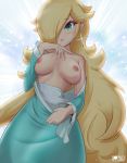  1_girl 1girl blonde blonde_hair breasts dress earrings exposed_breasts female female_human female_only hair_over_one_eye holding_wand human long_blonde_hair long_hair no_bra partially_clothed princess_rosalina rilex_lenov rosalina royalty solo standing star_earrings super_mario_bros. wand 