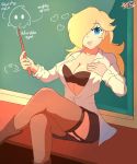  1_girl 1girl bra chalkboard classroom clothed crossed_legs crossed_legs_(sitting) female female_human female_only female_teacher garter_straps hair_over_one_eye human long_hair looking_at_viewer mostly_clothed open_shirt princess_rosalina rosalina royalty shirt sitting skirt solo stockings super_mario_bros. teacher 