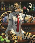  2009 alcohol anthro anthro_feline armband bar bartender blue_eyes blush bottles bottomless breasts cat chest_tuft clothing clouded_leopard cute detailed_background ear_piercing feline female female_anthro female_anthro_clouded_leopard fur furry inviting j&auml;germeister kacey kacey_miyagami leopard lime looking_at_viewer neck_tie necktie nipples open_shirt panties piercing pouring rosettes salt shirt sitting solo spill spots underwear whiskers white_panties 