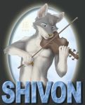  badge canine convention furry male original original_character shivon solo violin zen zen_(artist) 