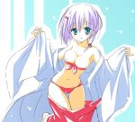  1girl :o bandeau bare_shoulders bikini blush braid breasts bursting_breasts cleavage collarbone front-tie_top green_eyes haruki_miharu japanese_clothes master_x_remaster masterã—re:master masterã£â€”re:master miko navel off_shoulder purple_hair short_hair silver_bullet solo strapless swimsuit swimsuit_under_clothes thigh_gap tubetop undressing yuyi 