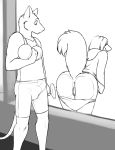  against_glass anus ass ass_on_glass bent_over bulge dumbbell erection female furry gym male meesh meesh_(artist) monochrome mooning on_glass panties panties_down penis presenting pussy raised_tail rat rodent tail underwear window 