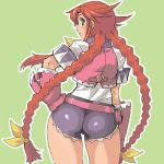 ass belt blush boots braid cowboy_shot cowgirl dr.p gloves green_background green_eyes hair_ribbon hand_on_hip hips long_hair looking_back lowres pink_gloves rebecca_streisand red_hair ribbon shorts solo twin_braids twin_tails twintails very_long_hair western wild_arms wild_arms_5