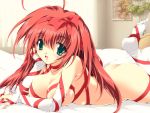 1girl ass breasts cleavage elbow_gloves fingerless_gloves footwear gloves green_eyes hentai large_breasts long_hair looking_at_viewer lying mitsuki_mantarou naked_ribbon nude on_stomach open_mouth original original_character red_hair red_ribbon ribbon ribbons socks solo thighhighs white_gloves white_legwear
