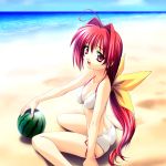 1:1_aspect_ratio 1girl beach bikini clothing female female_only food fruit holding holding_food holding_fruit holding_object kagami_sumika long_hair melon muvluv norizou_type-r ocean outdoors red_eyes red_hair side-tie_bikini solo swimsuit water watermelon