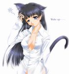1girl animal_ears blue_eyes blue_hair breasts cat_ears cleavage copyright_request kimikage_ryou large_breasts open_clothes open_shirt shirt solo tail