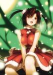 1girl big_breasts breasts christmas copyright_request covered_nipples dress highres kobayashi_yuuji legs photoshop_(medium) santa_costume sitting smile solo thighs twintails
