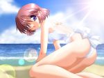 1girl artist_request beach character_request copyright_request game_cg hentai lens_flare one-piece_swimsuit purple_eyes red_hair school_swimsuit short_hair solo swimsuit