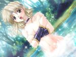 1girl bathing big_breasts blonde_hair castle_fantasia_3 covering covering_breasts crossed_arms dutch_angle game_cg green_eyes levian_forms nude solo sparkle water yamamoto_kazue