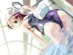 1girl 4:3_aspect_ratio arm_support ass bent_over braid breasts brown_hair clothing dutch_angle female floatie flotation_aid flotation_belt from_behind gift_art green_eyes head_wings hentai indoors komatsu_e-ji ladder long_hair looking_back mizugi non-web_source one-piece_swimsuit original partially_submerged pool pool_ladder potential_duplicate shiny shiny_clothes sideboob signature small_breasts solo sukumizu swim_cap swimsuit tank_suit tied_hair twin_braids wading wallpaper water wet winged_hat