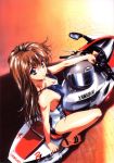  1girl 90s blue_eyes breasts brown_hair cleavage feet from_above hentai highres kawarajima_kou long_hair motor_vehicle motorcycle nail_polish one-piece one-piece_swimsuit pink_nails sandals smile solo swimsuit toenail_polish vehicle 