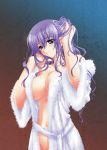 1girl breasts carnelian hand_in_hair hand_on_head hentai highres large_breasts megastore navel purple_eyes purple_hair robe smile solo wet