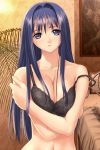 1girl after bangs bare_shoulders bed black_bra blue_eyes blue_hair bra breast_squeeze breasts chihaya_miyuki cleavage crossed_arms floral_print game_cg hair_intakes hair_over_breasts highres holding_own_arm lace lace-trimmed_bra lace_trim large_breasts lights lingerie long_hair looking_at_viewer navel painting_(object) parted_lips pillow self_hug sidelocks solo strap_slip tony_taka underwear underwear_only upper_body very_long_hair wide_hips